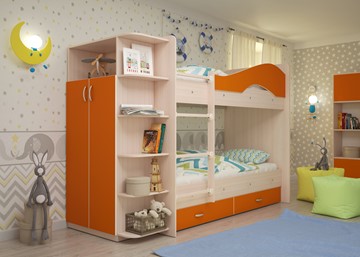 Кровать 2-ярусная Мая на щитах со шкафом и ящиками, корпус Млечный дуб, фасад Оранжевый в Биробиджане