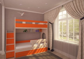 Двухэтажная детская кровать Юниор-1 с бортом, каркас Дуб, фасад Оранжевый в Биробиджане