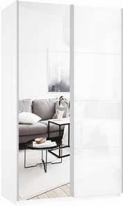 Шкаф 2-х дверный Прайм (Зеркало/Белое стекло) 1200x570x2300, белый снег в Биробиджане