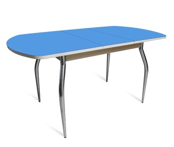 Кухонный стол раздвижной ПГ-02 СТ2, дуб молочный/синие стекло/35 хром гнутые металл в Биробиджане