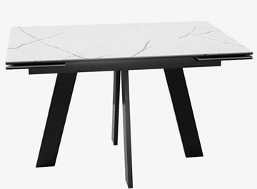 Стеклянный стол раздвижной DikLine SFM120 Стекло Белый мрамор САТИН/подстолье черное/опоры черные в Биробиджане