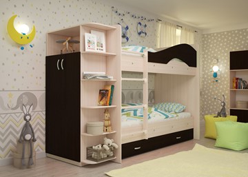 Двухэтажная детская кровать Мая на щитах со шкафом и ящиками, корпус Млечный дуб, фасад Венге в Биробиджане - предосмотр