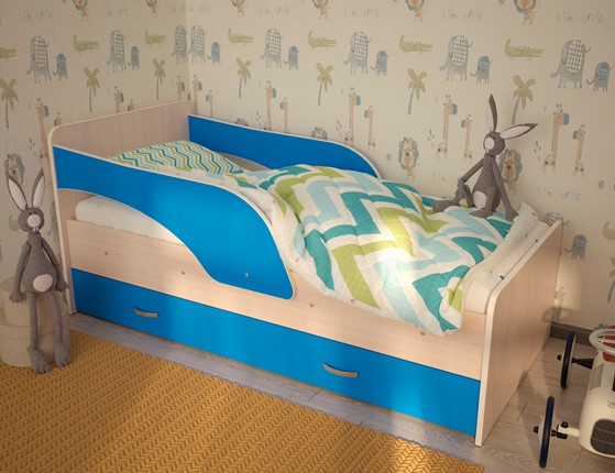 Кровать с бортиками Максимка, корпус Млечный дуб, фасад Синий в Биробиджане - изображение