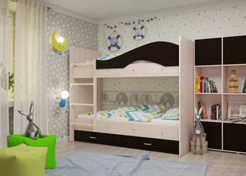 Детская  двухъярусная кровать Мая с 2 ящиками на щитах, корпус Млечный дуб, фасад Венге в Биробиджане - предосмотр 1