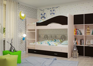 Двухэтажная детская кровать Мая на щитах со шкафом и ящиками, корпус Млечный дуб, фасад Венге в Биробиджане - предосмотр 1