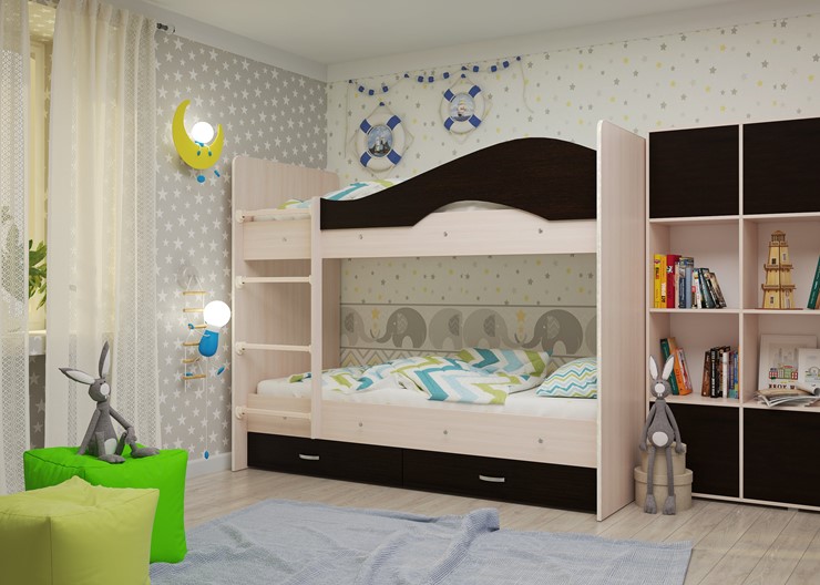 Двухэтажная детская кровать Мая на щитах со шкафом и ящиками, корпус Млечный дуб, фасад Венге в Биробиджане - изображение 1