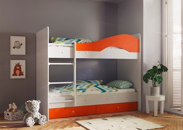 Детская 2-этажная кровать ТМК Мая с 2 ящиками на щитах, корпус Млечный дуб, фасад Оранжевый в Биробиджане