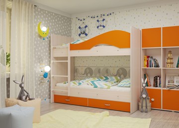 Детская 2-этажная кровать Мая с 2 ящиками на щитах, корпус Млечный дуб, фасад Оранжевый в Биробиджане - предосмотр 3