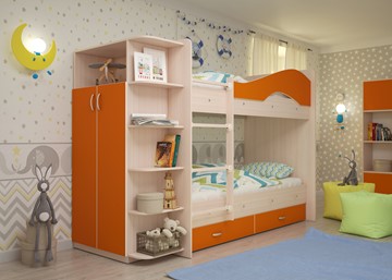 Детская 2-этажная кровать Мая с 2 ящиками на щитах, корпус Млечный дуб, фасад Оранжевый в Биробиджане - предосмотр 1