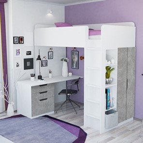 Кровать 2-х ярусная с письменным столом и шкафом POLINI Kids Simple Белый / Бетон в Биробиджане - предосмотр 1