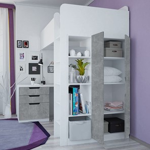 Кровать 2-х ярусная с письменным столом и шкафом POLINI Kids Simple Белый / Бетон в Биробиджане - предосмотр 2