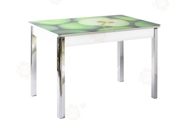 Кухонный стол раскладной Айсберг-01 СТФ, белый/фотопечать зеленые яблоки/ноги хром квадратные в Биробиджане