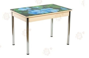 Кухонный стол раскладной Айсберг-01 СТФ, дуб/фотопечать фиалка/ноги хром прямые круглые в Биробиджане