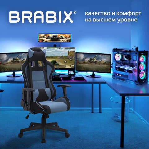 Кресло компьютерное Brabix GT Racer GM-100 (две подушки, ткань, черное/голубое) 531818 в Биробиджане - изображение 7