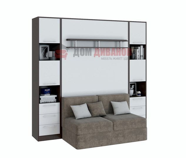 Кровать-шкаф с диваном Бела 1, с полкой ножкой, 1200х2000, венге/белый в Биробиджане - изображение 1