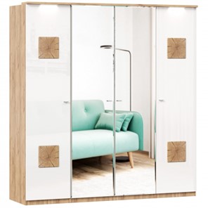 Шкаф 4х-дверный Фиджи с 2 зеркалами и декоративными накладками, Дуб золотой/Белый в Биробиджане